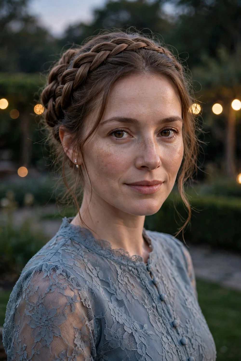 Woman with a braided updo pinned hairstyle for thin hair
