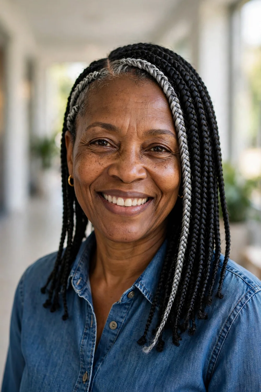 Older Black woman with a shoulder-grazing box-braid lob with silver front braids