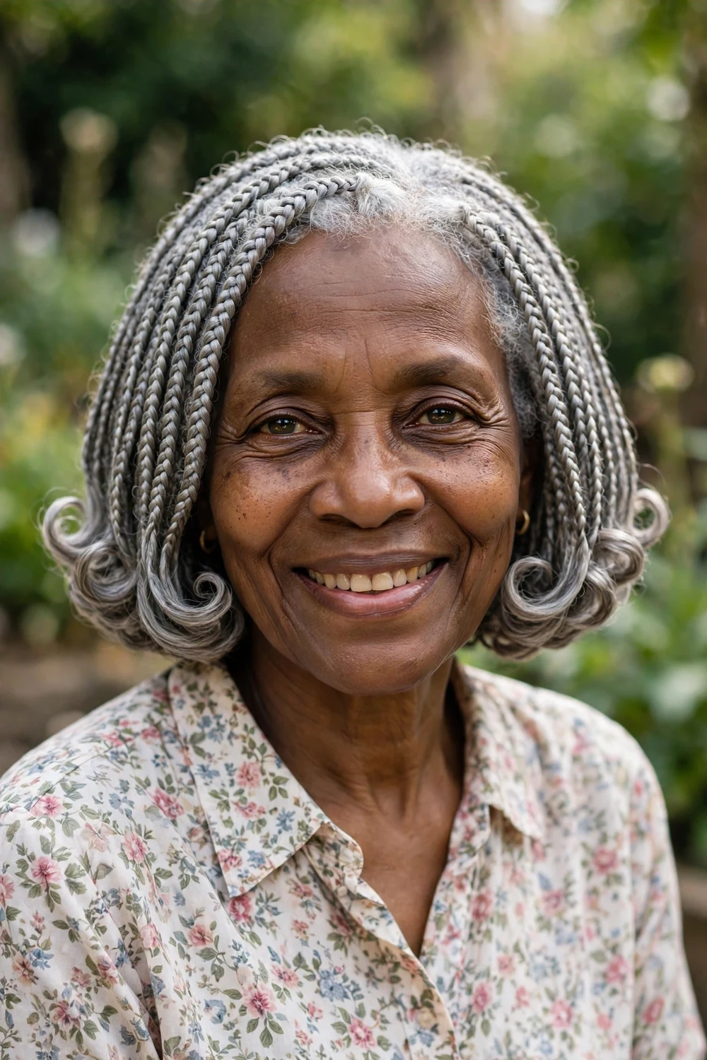 Older Black woman with a chin-length silver-gray box-braid bob with curled ends