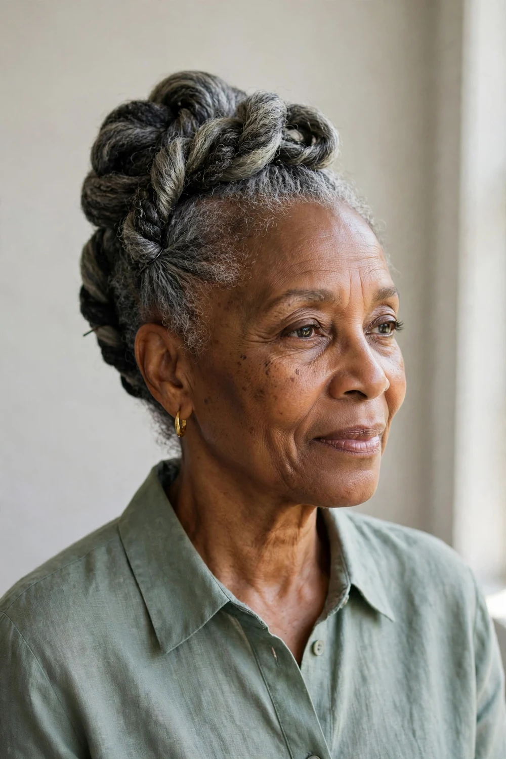 Older Black woman with cornrows across the front transitioning to loose twists at the back