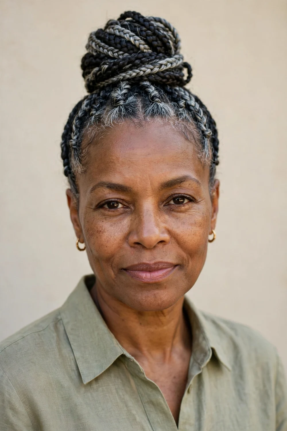 Older Black woman with sleek feed-in cornrows braided straight back into a low bun