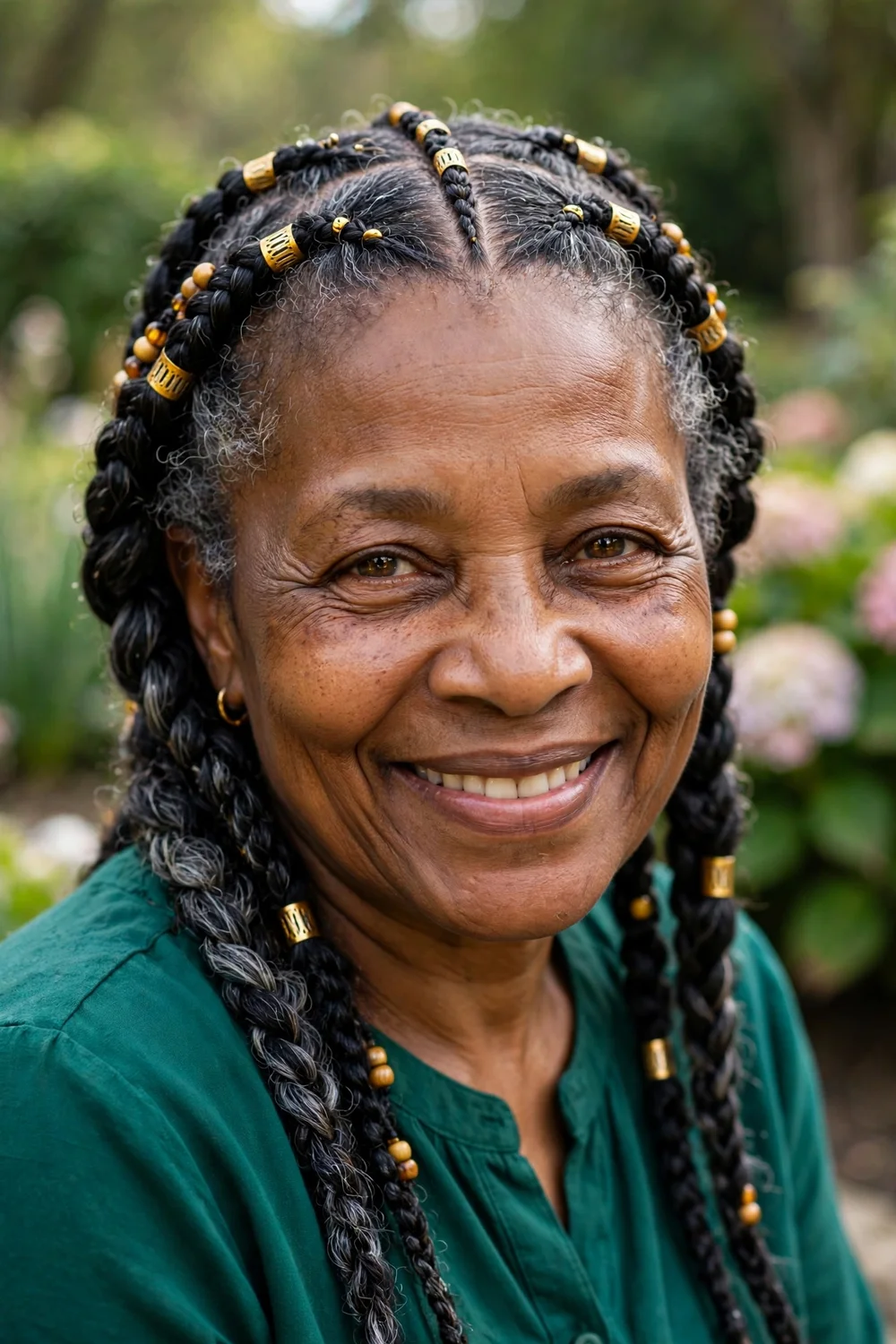 Older Black woman with Fulani braids, center cornrow and small gold cuffs