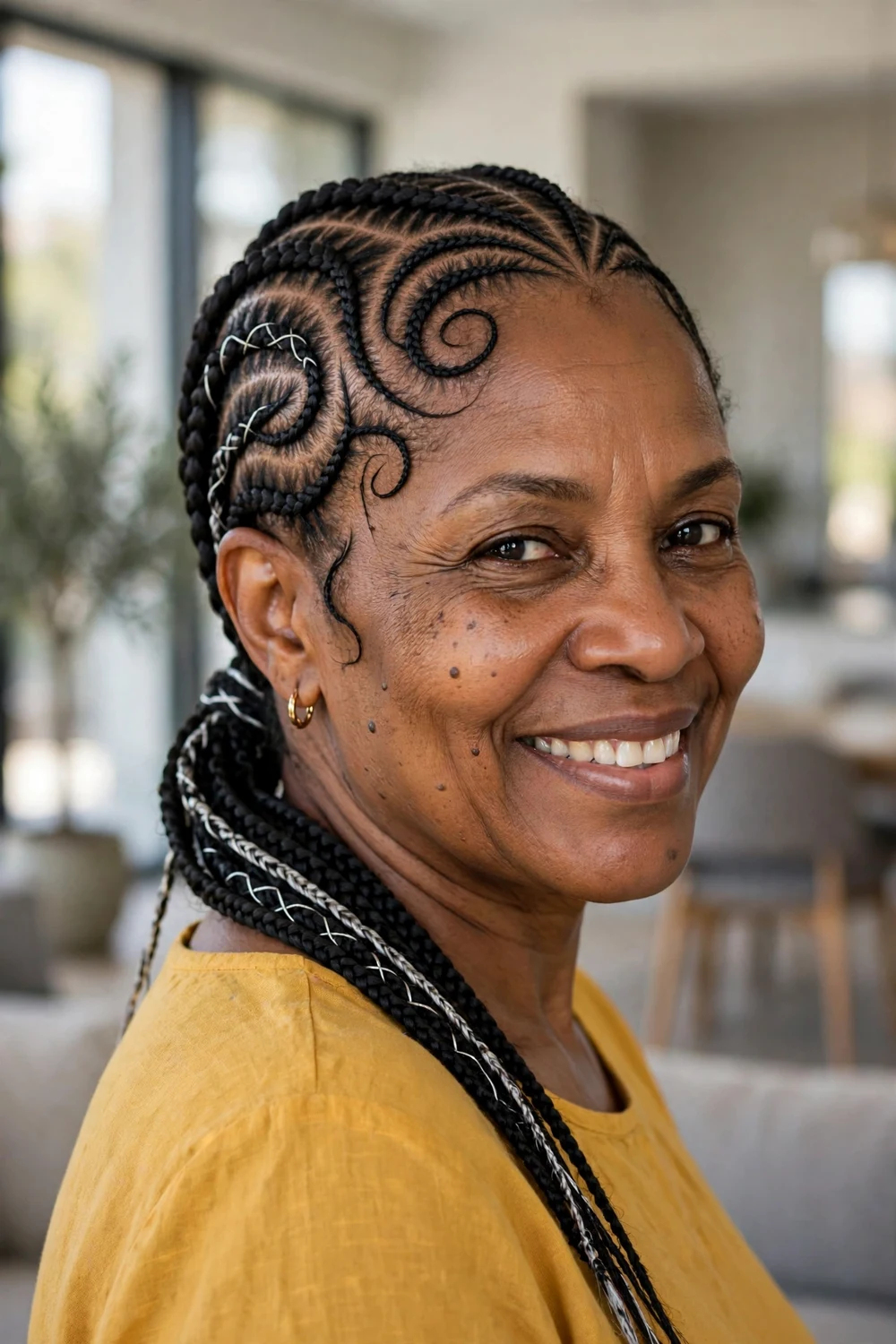Older Black woman with stitch Ghana cornrows in curved patterns with silver accent braids