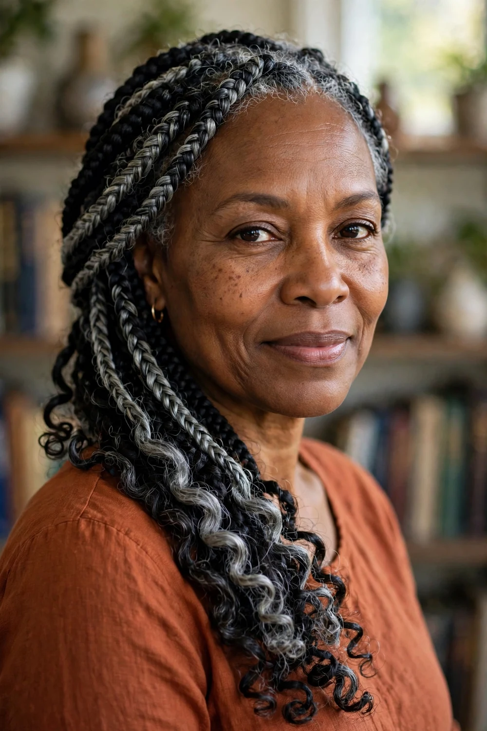 Older Black woman with goddess braids and loose curly ends over one shoulder