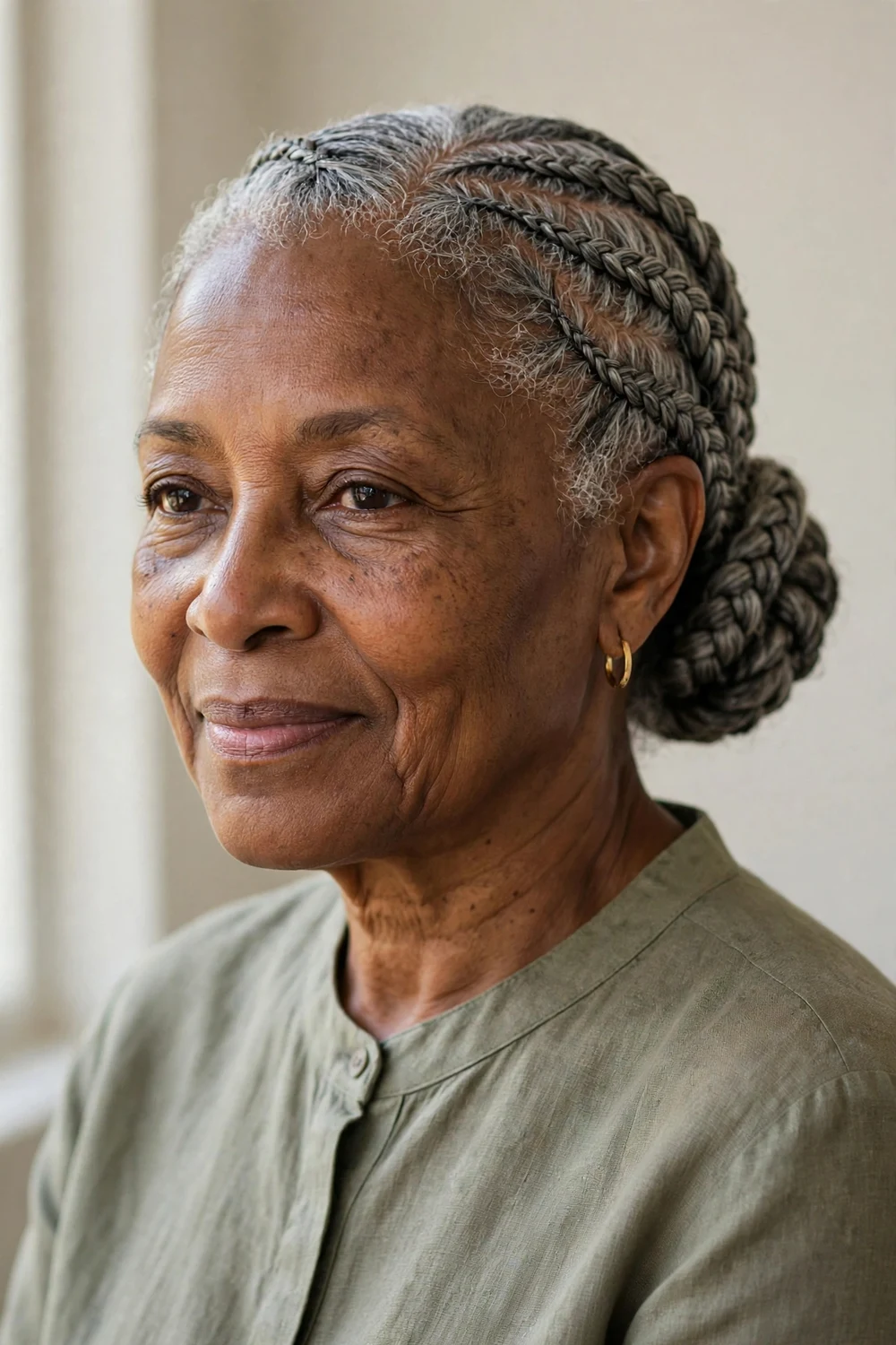 Older Black woman with long box braids fading from dark roots to silver ends