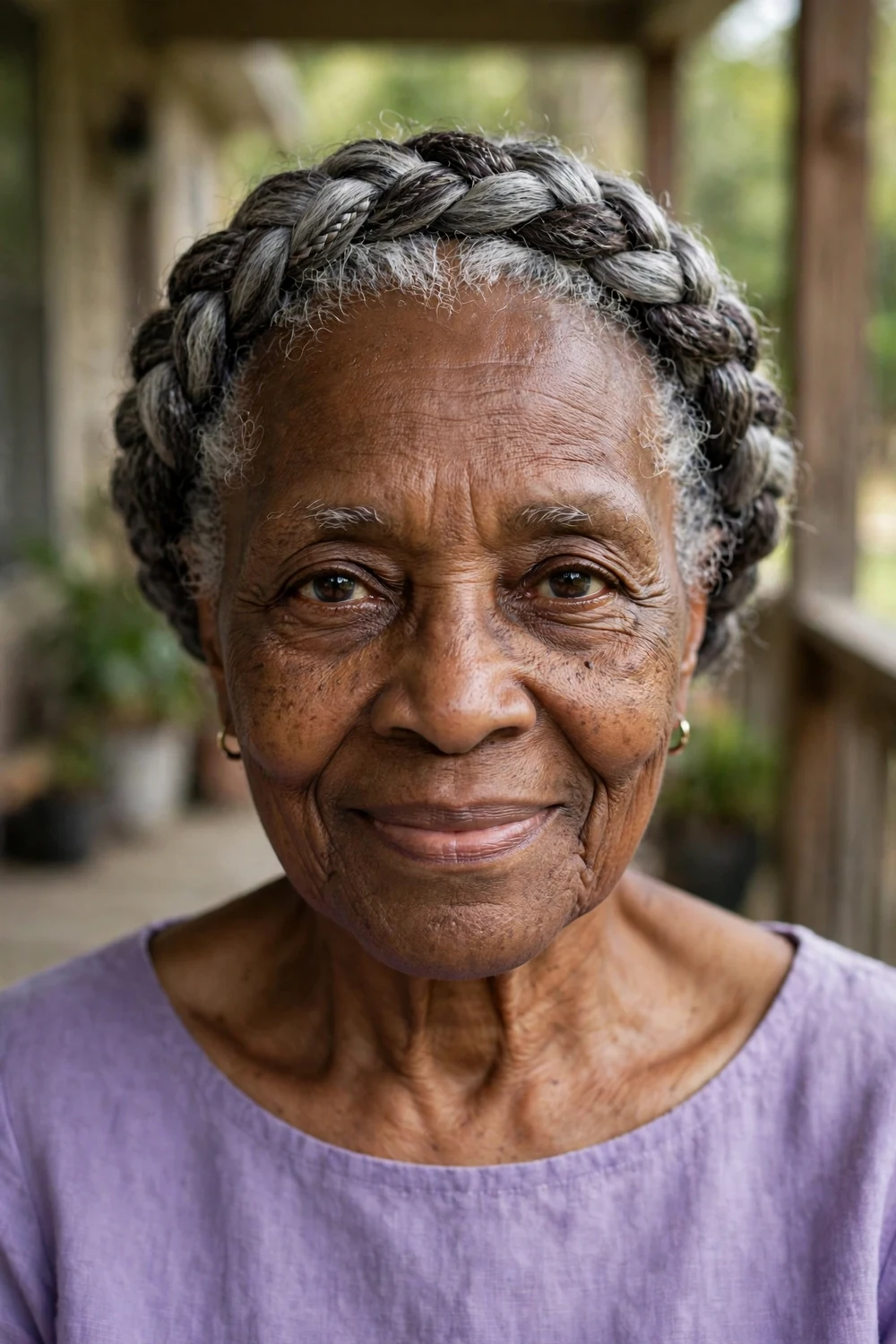 Older Black woman with a halo crown braid of thick gray braids encircling her head