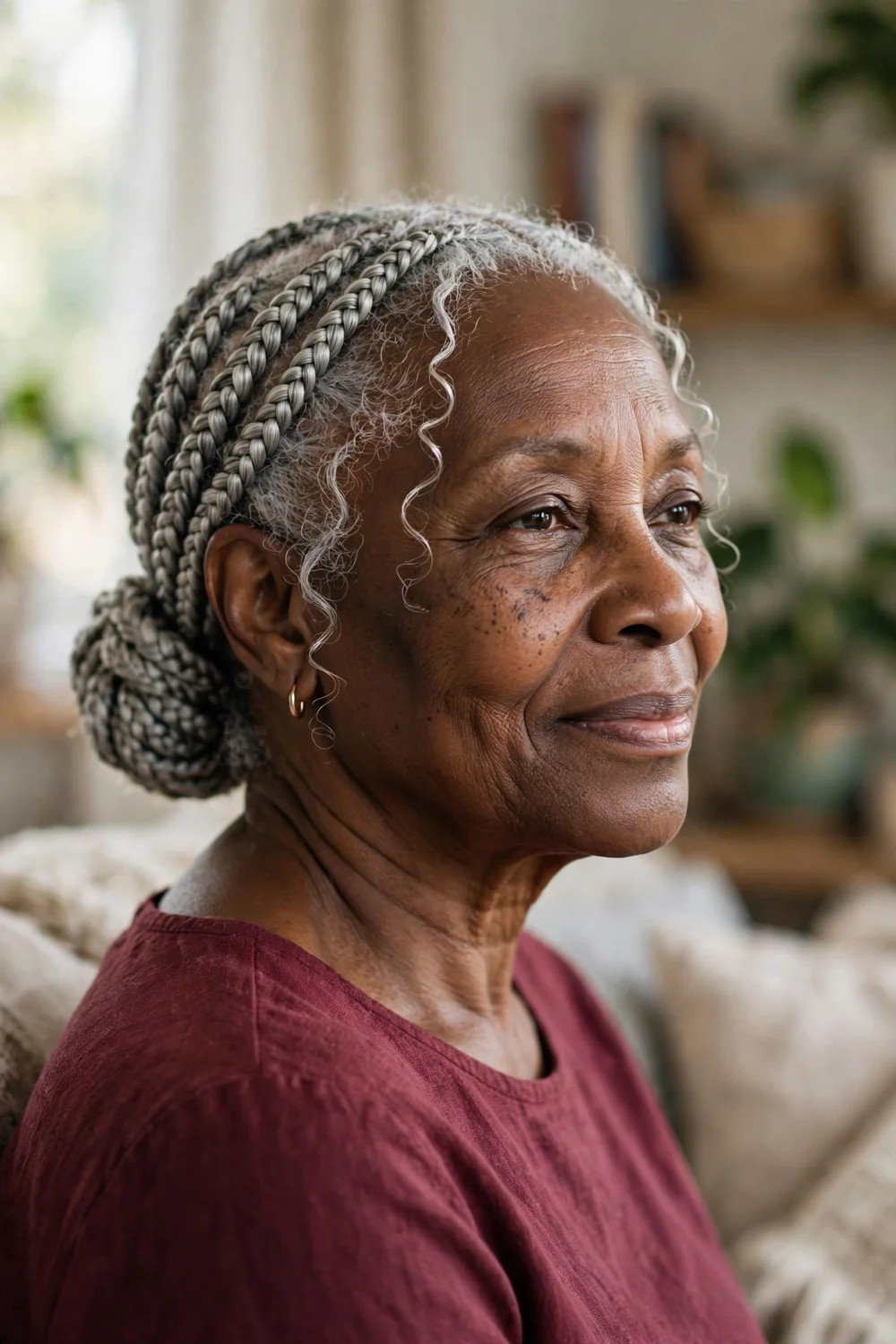 Older Black woman with a neat low braided bun of silver-gray braids at the nape
