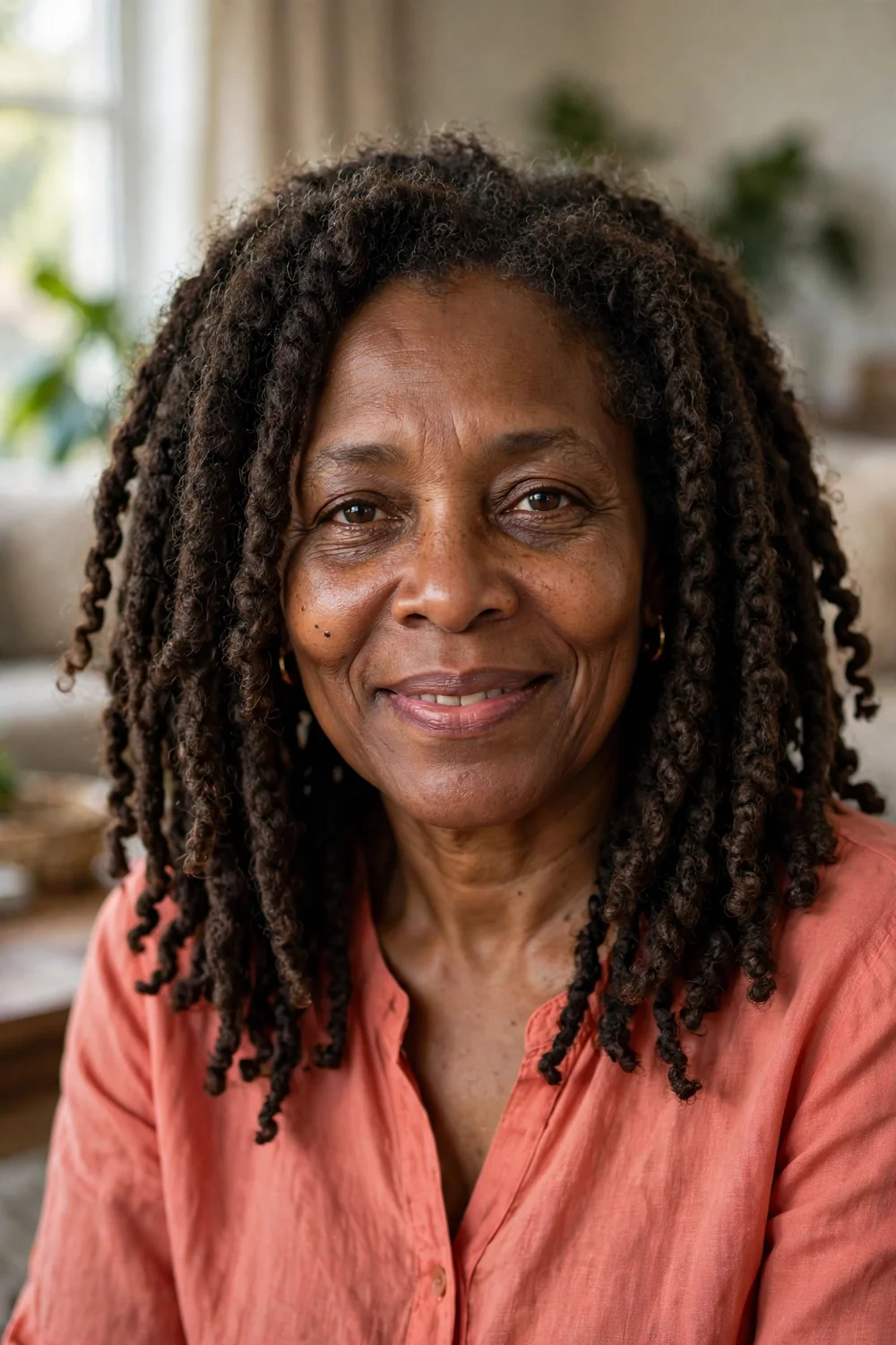 Older Black woman with textured shoulder-length Marley twists