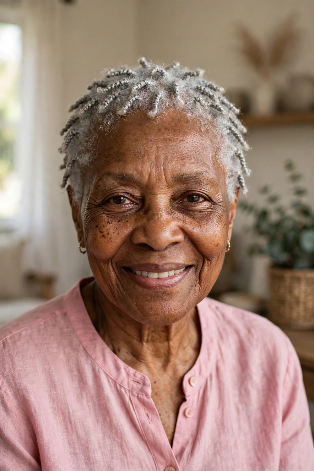 Older Black woman with short silver-gray mini two-strand twists close to the scalp