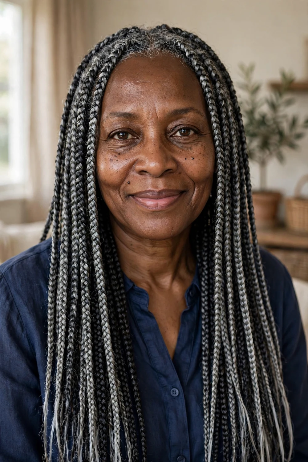 Older Black woman with long salt-and-pepper knotless braids blending black and silver strands