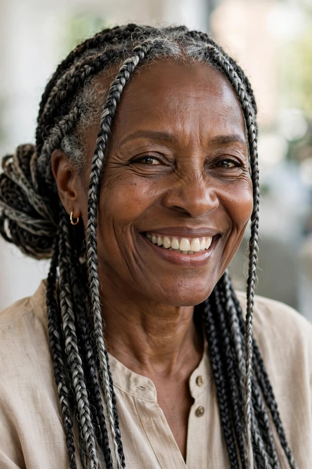Older Black woman with short tapered silver-gray braids, neat and ear-length