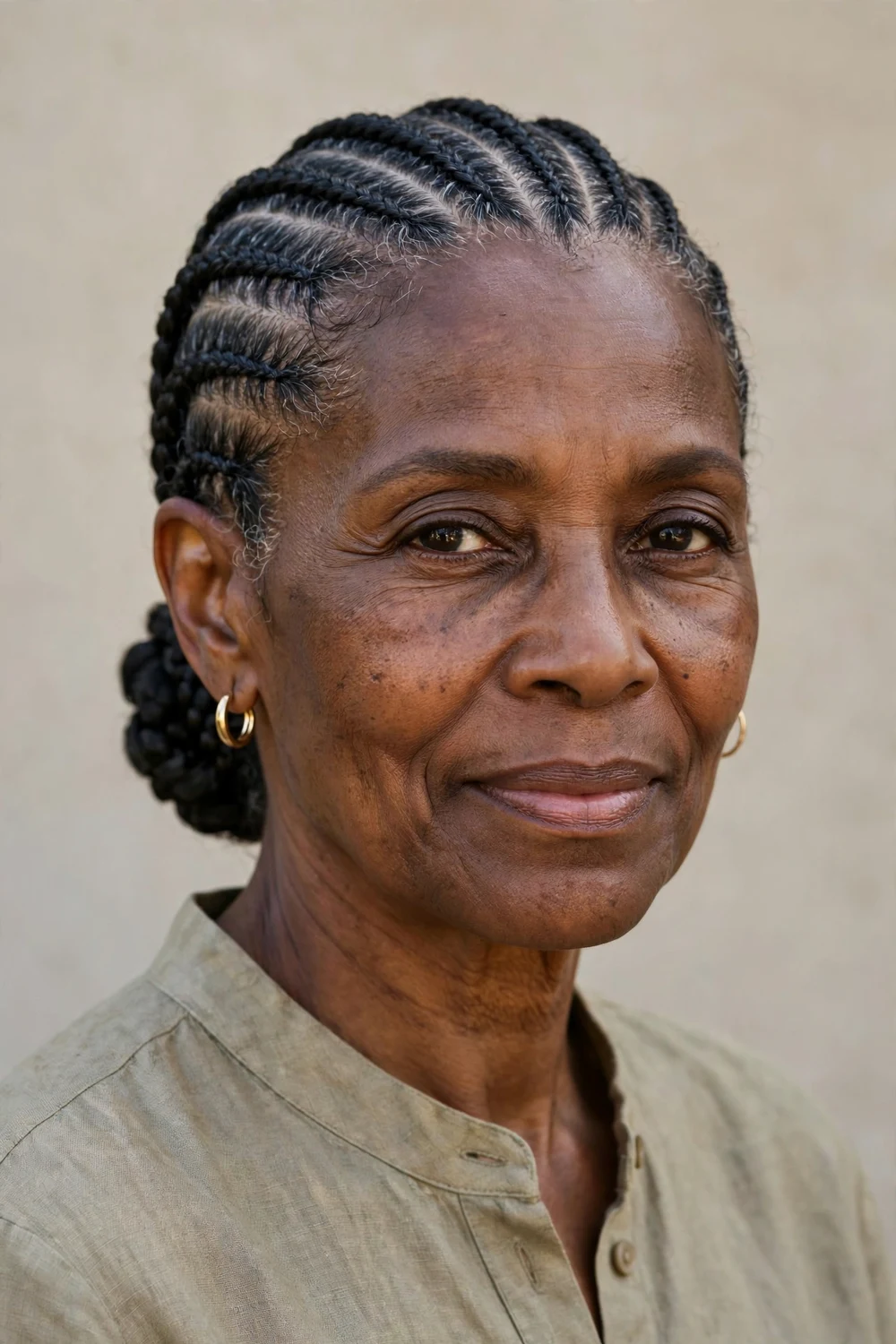 Older Black woman with side-swept gray cornrows curving into a side bun
