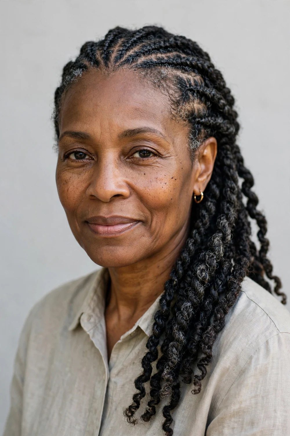 Older Black woman with an elegant pinned two-strand twist updo in salt-and-pepper tones