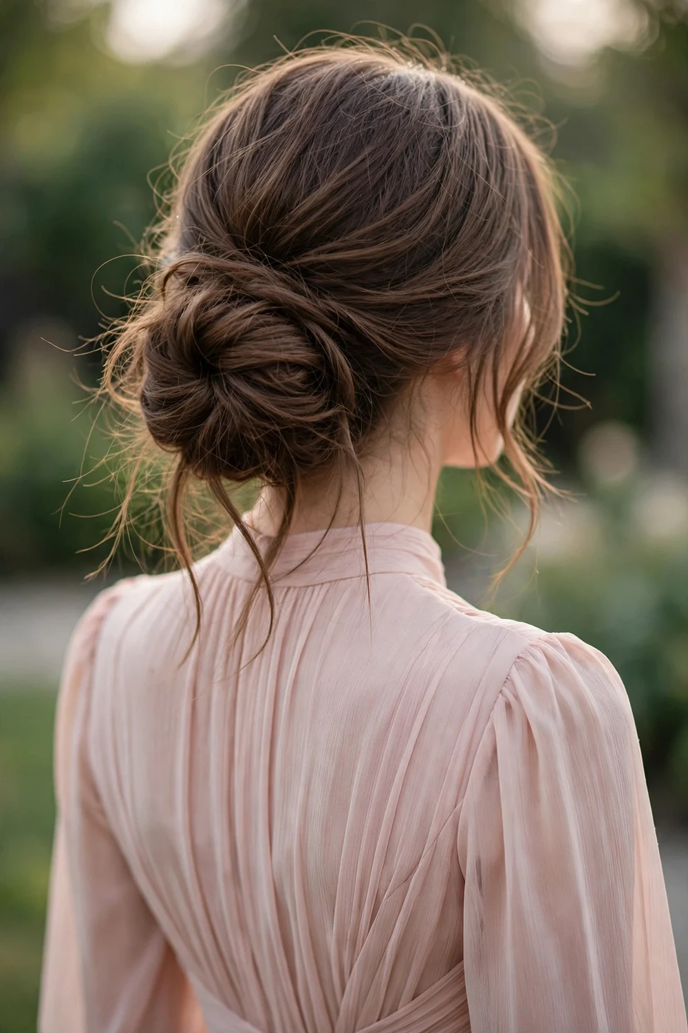 Bridesmaid with an airy textured low bun with soft volume, back view, wedding hairstyle