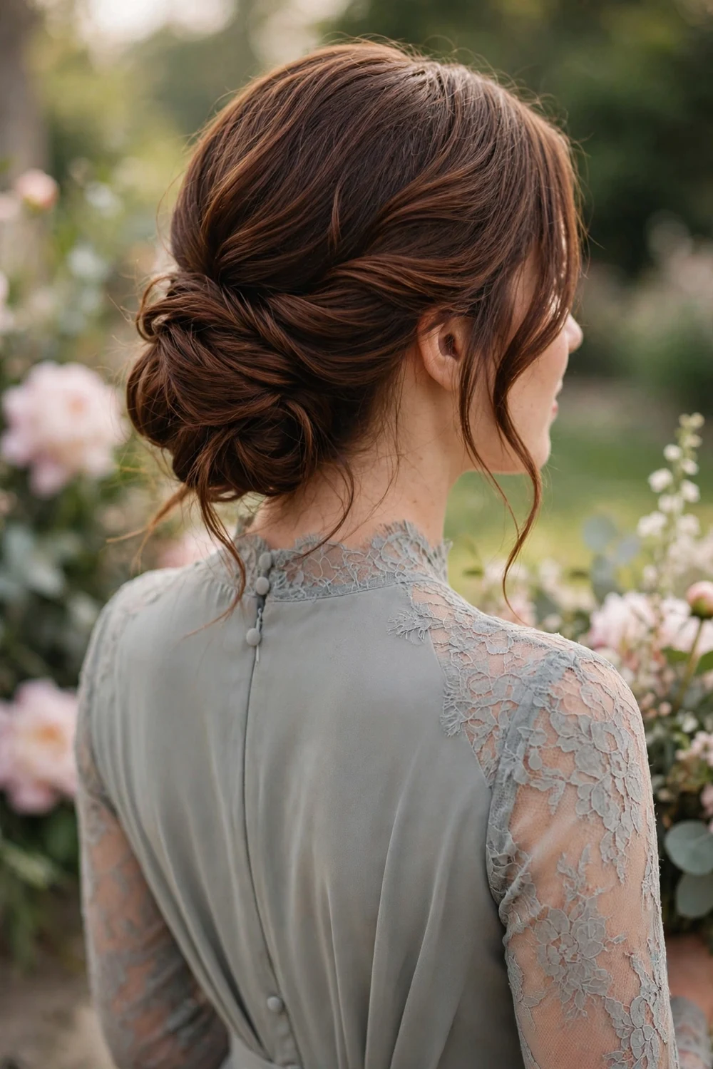 Bridesmaid with a low bun placed asymmetrically to one side, back view, wedding hairstyle