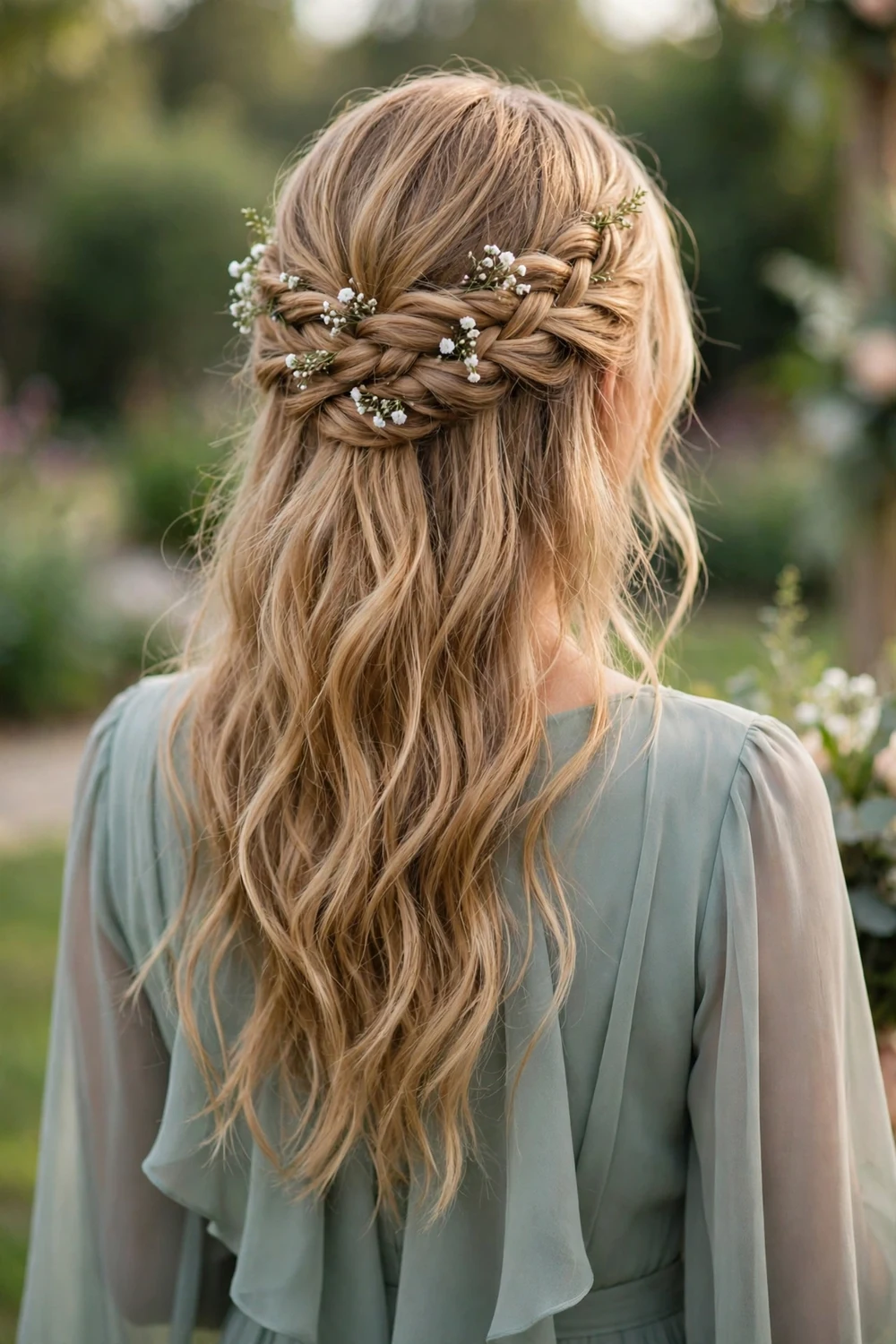 Bridesmaid with a bohemian crown braid over flowing waves, back view, wedding hairstyle
