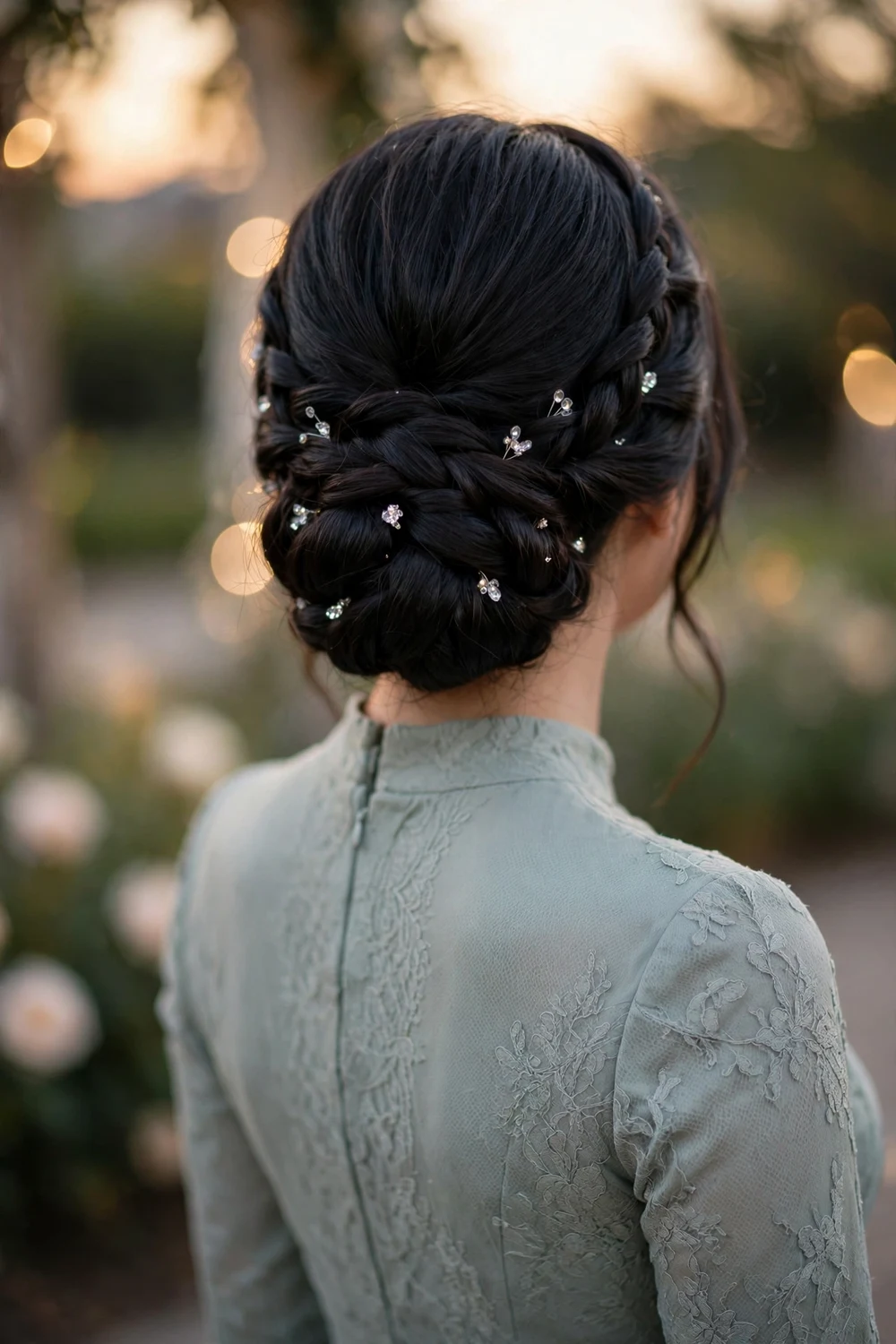 Bridesmaid with a braided chignon decorated with crystal pins, back view, wedding hairstyle