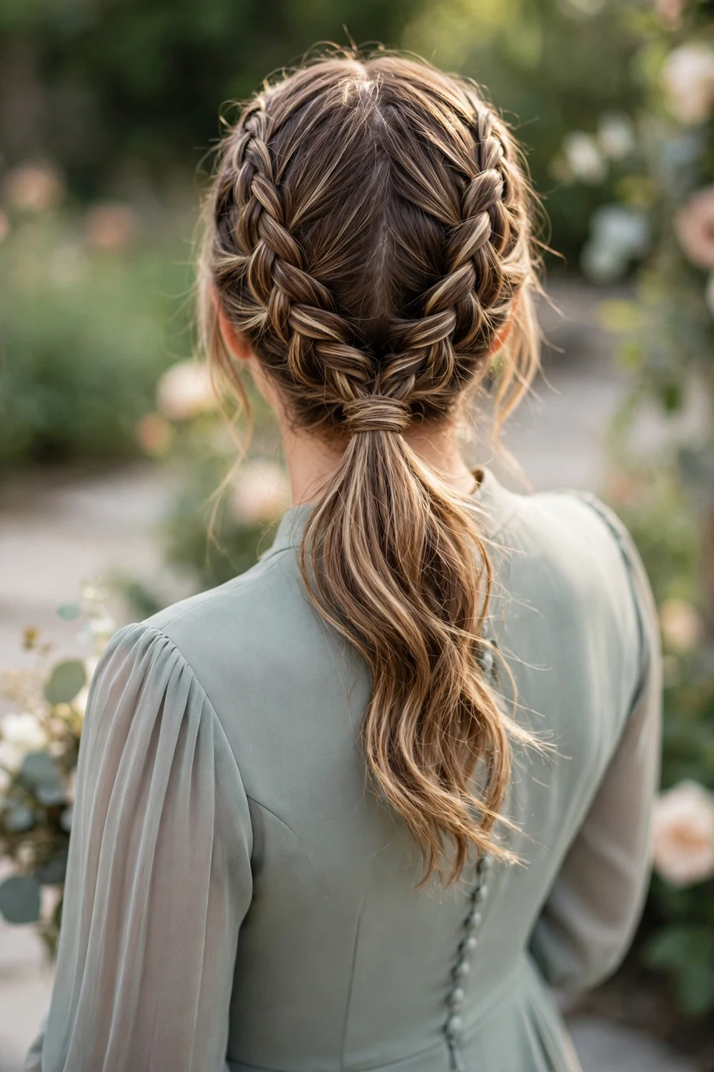 Bridesmaid with double Dutch braids flowing into a low ponytail, back view, wedding hairstyle