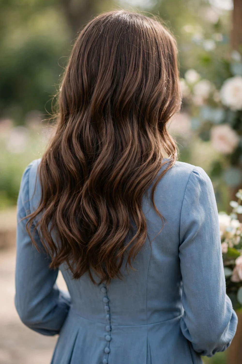 Bridesmaid with effortless loose waves worn down, back view, wedding hairstyle