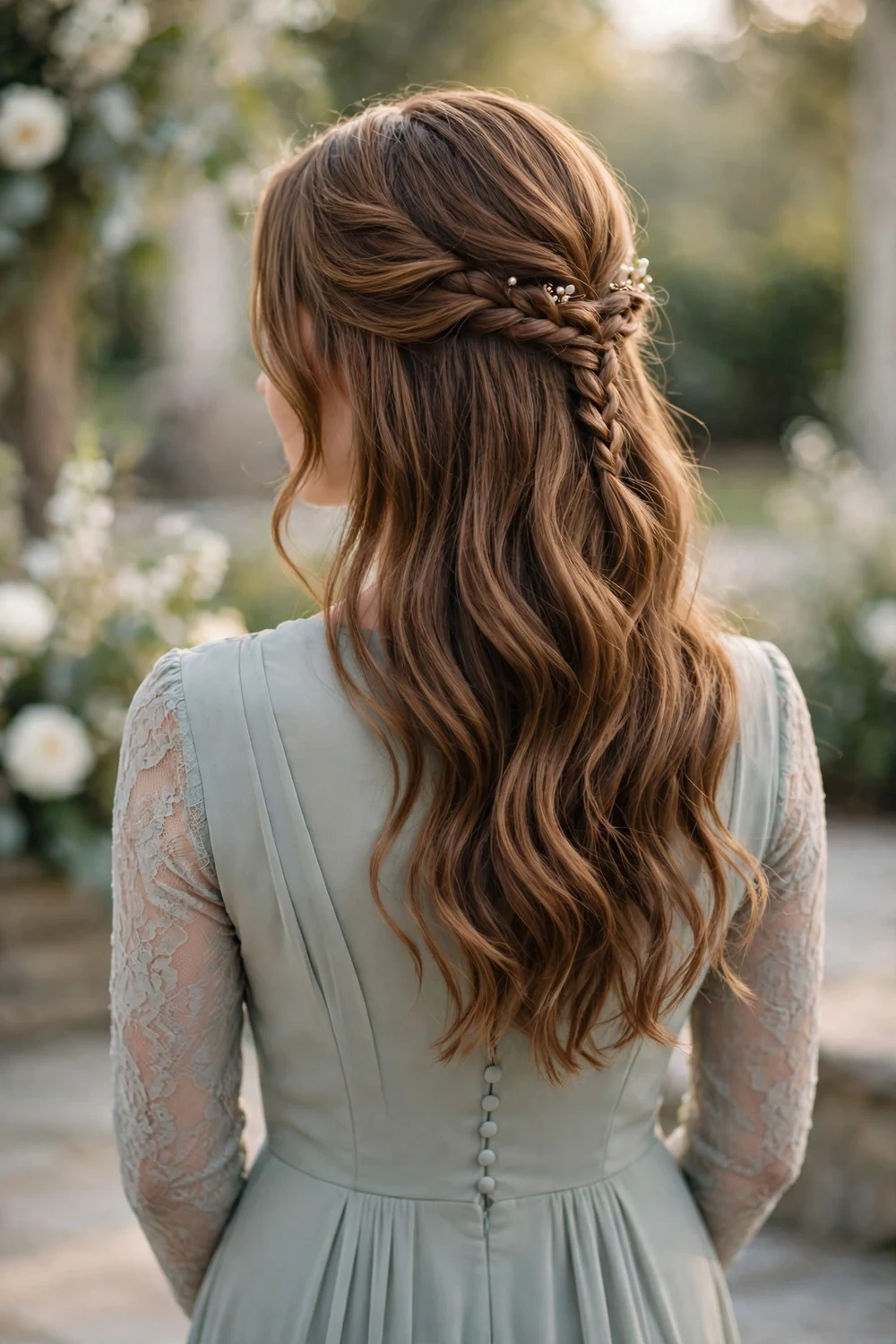 Bridesmaid with a small fishtail braid accent in a half-up style, back view, wedding hairstyle