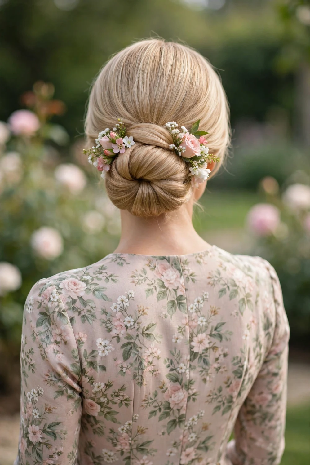 Bridesmaid with a low chignon decorated with small fresh flowers, back view, wedding hairstyle