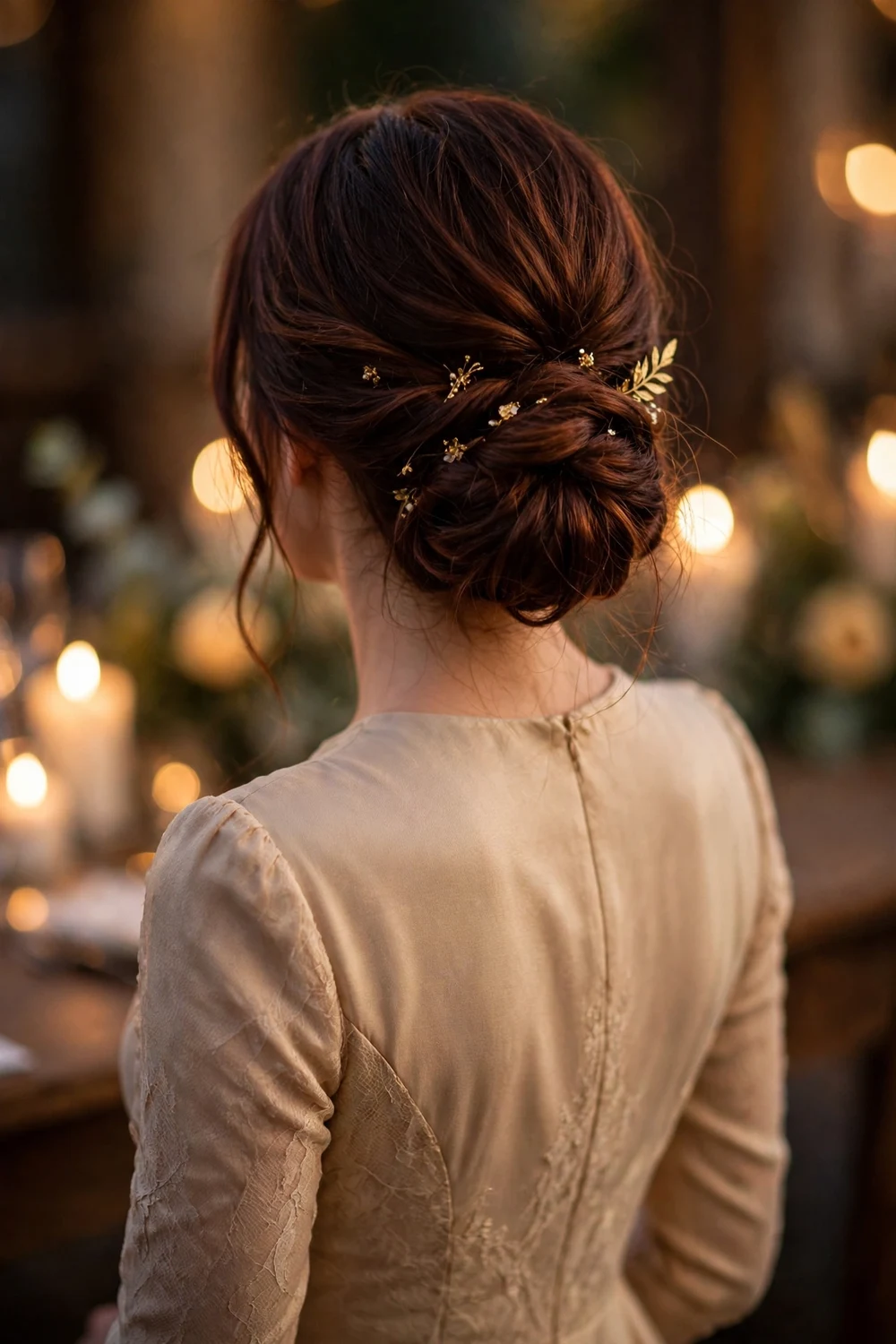 Bridesmaid with a low bun accented with gold hair pins, back view, wedding hairstyle