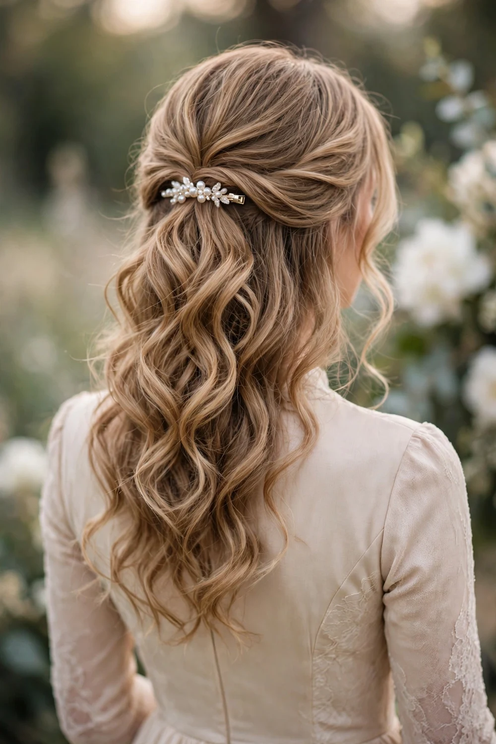 Bridesmaid with half-up curls secured by a pearl hair clip, back view, wedding hairstyle