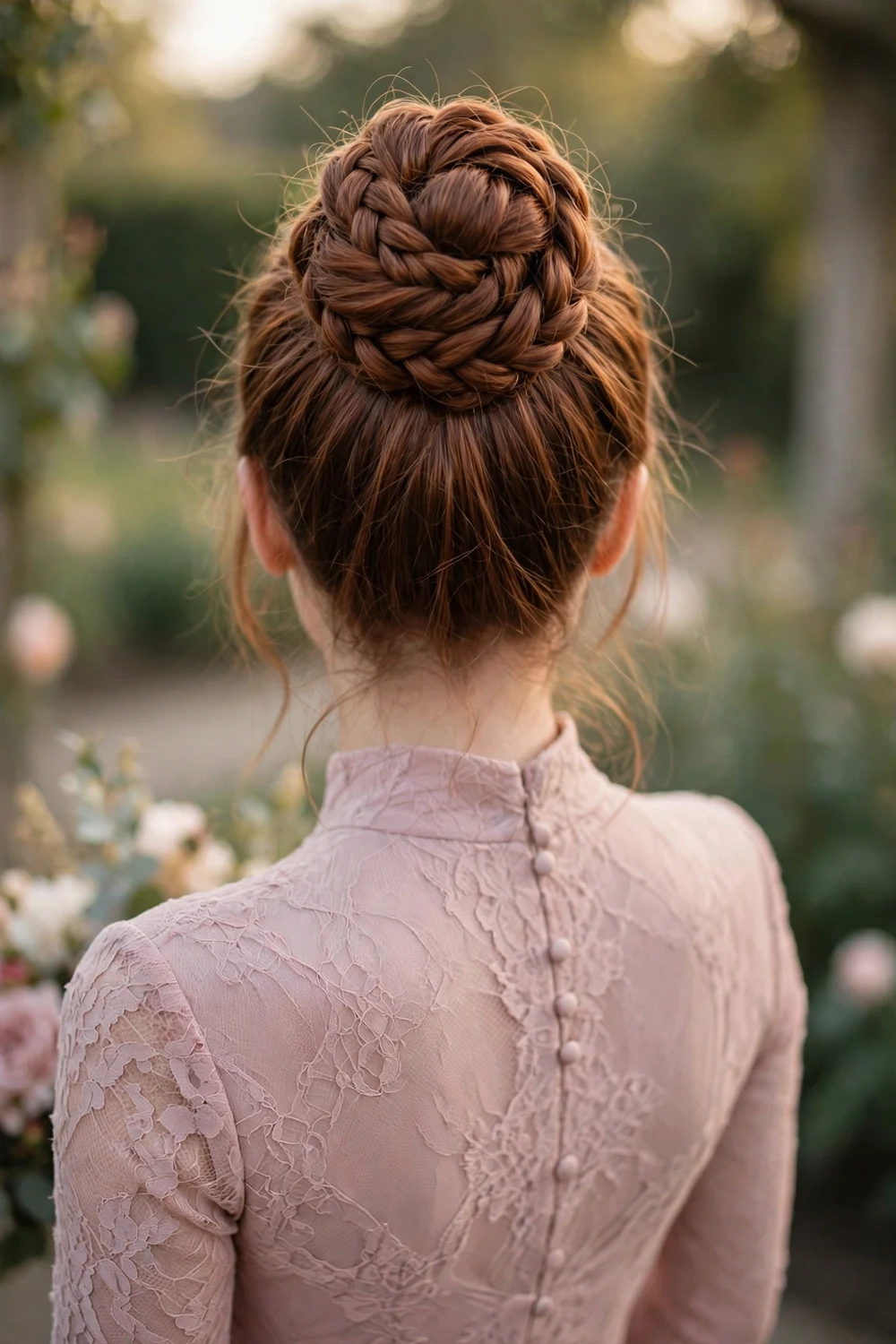 Bridesmaid with a high bun made from a wrapped braid, back view, wedding hairstyle