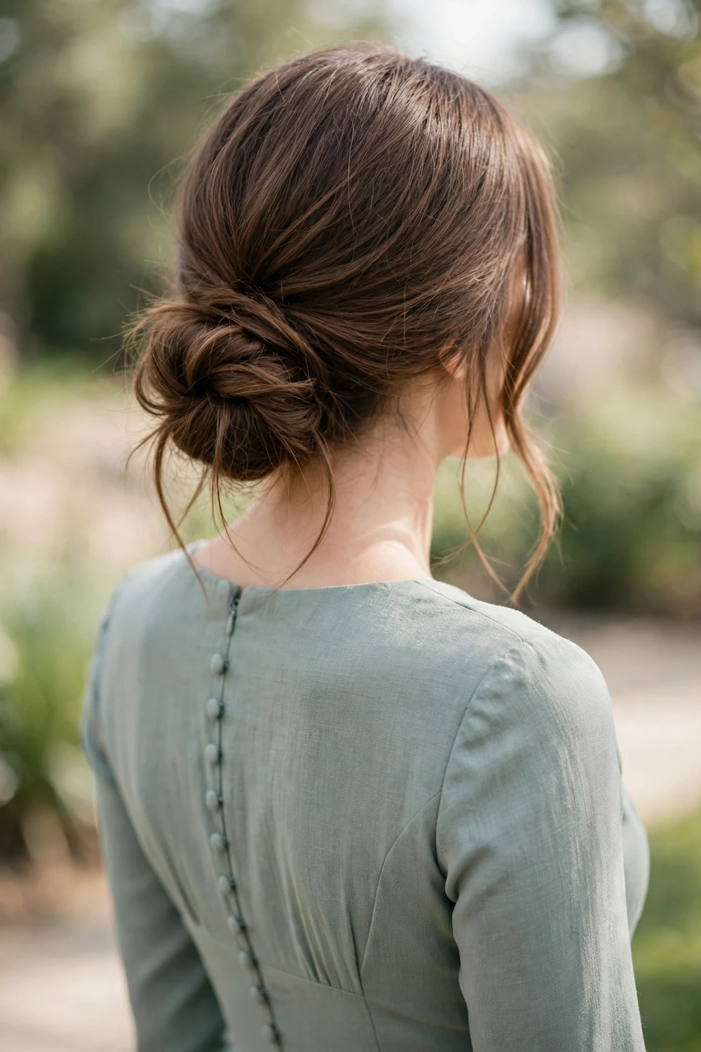 Bridesmaid with a low bun styled as a soft knot, back view, wedding hairstyle