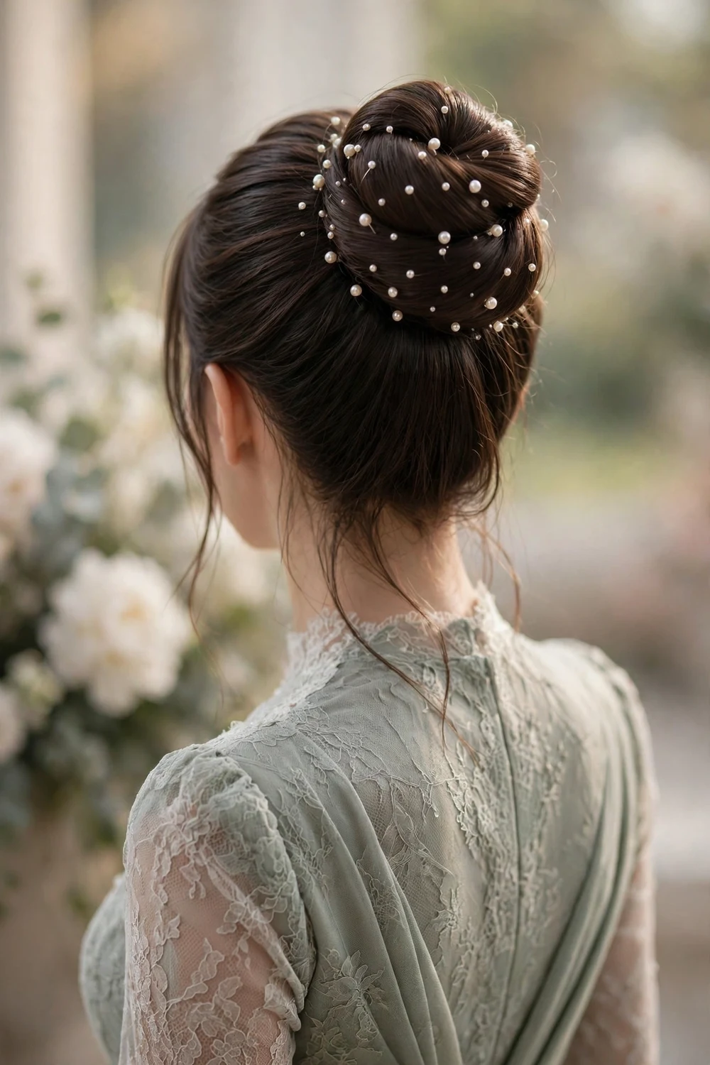 Bridesmaid with a smooth high bun scattered with small pearl pins, back view, wedding hairstyle