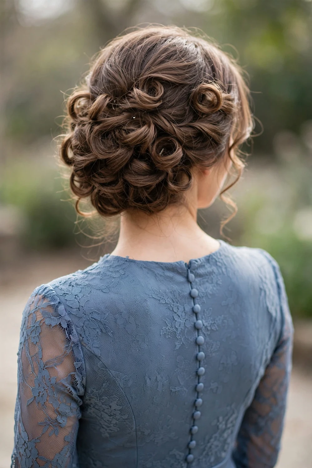 Bridesmaid with an updo of individually pinned curls, back view, wedding hairstyle