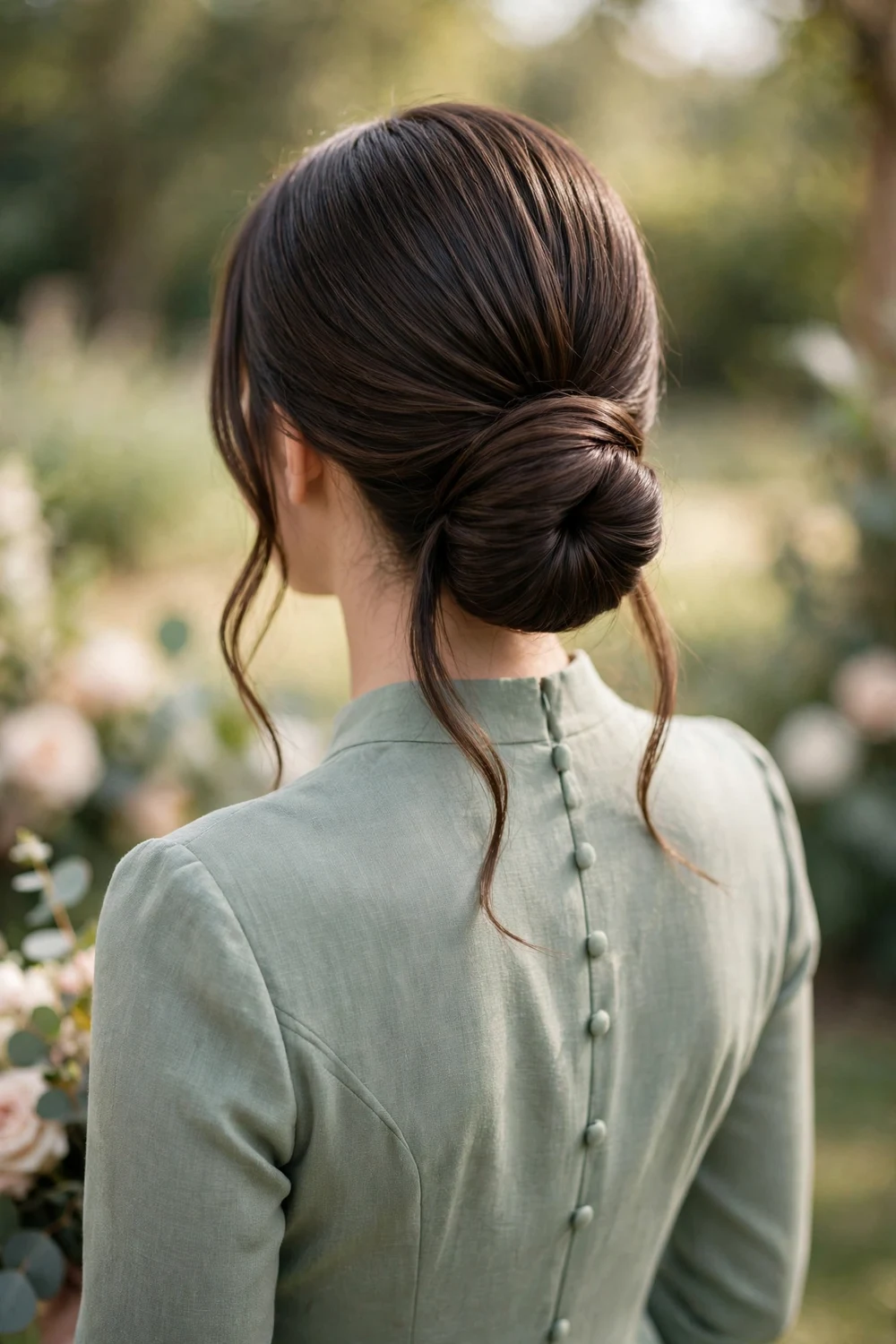 Bridesmaid with a polished low bun and soft face-framing strands, back view, wedding hairstyle