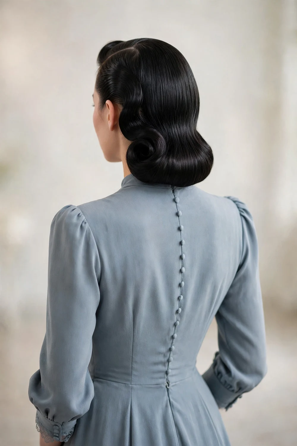 Bridesmaid with a retro-inspired low rolled hairstyle, back view, wedding hairstyle