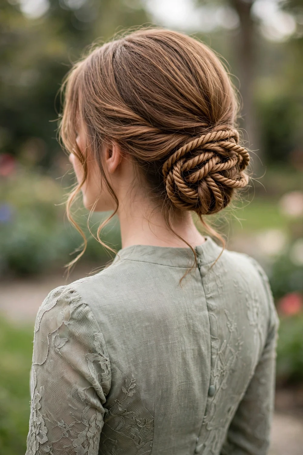 Bridesmaid with a low bun formed from soft rope twists, back view, wedding hairstyle