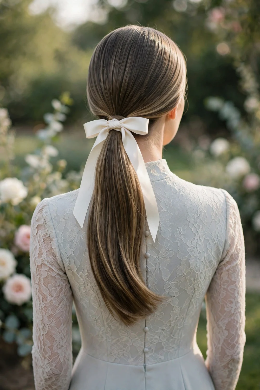 Bridesmaid with a low ponytail tied with a satin ribbon bow, back view, wedding hairstyle