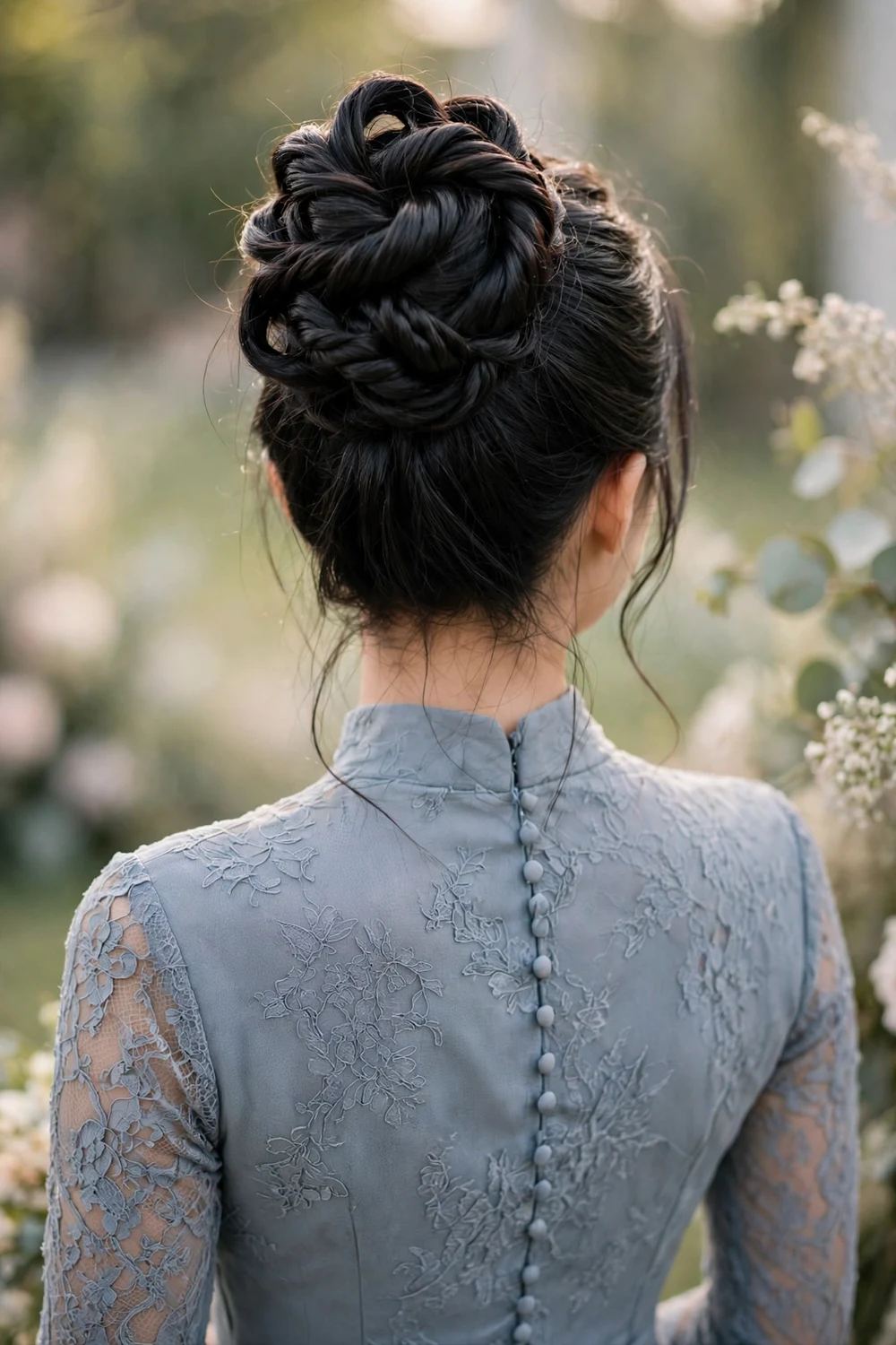 Bridesmaid with a sculpted high bun made of twisted sections, back view, wedding hairstyle