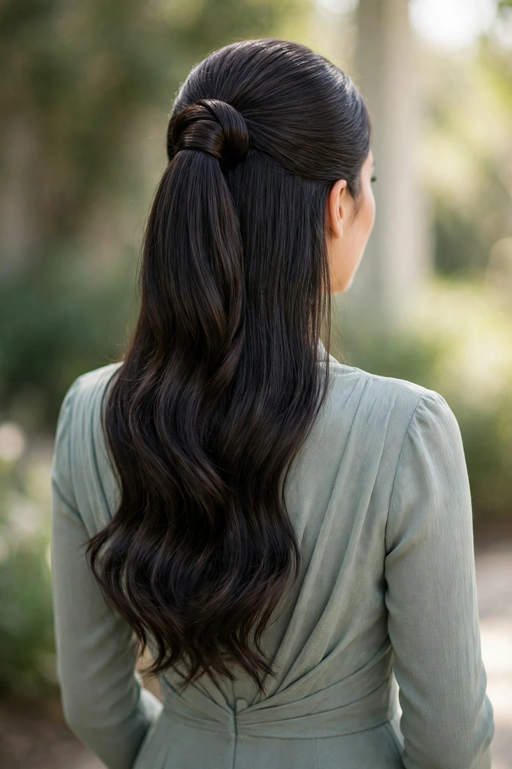 Bridesmaid with a sleek half-up ponytail with smooth crown, back view, wedding hairstyle
