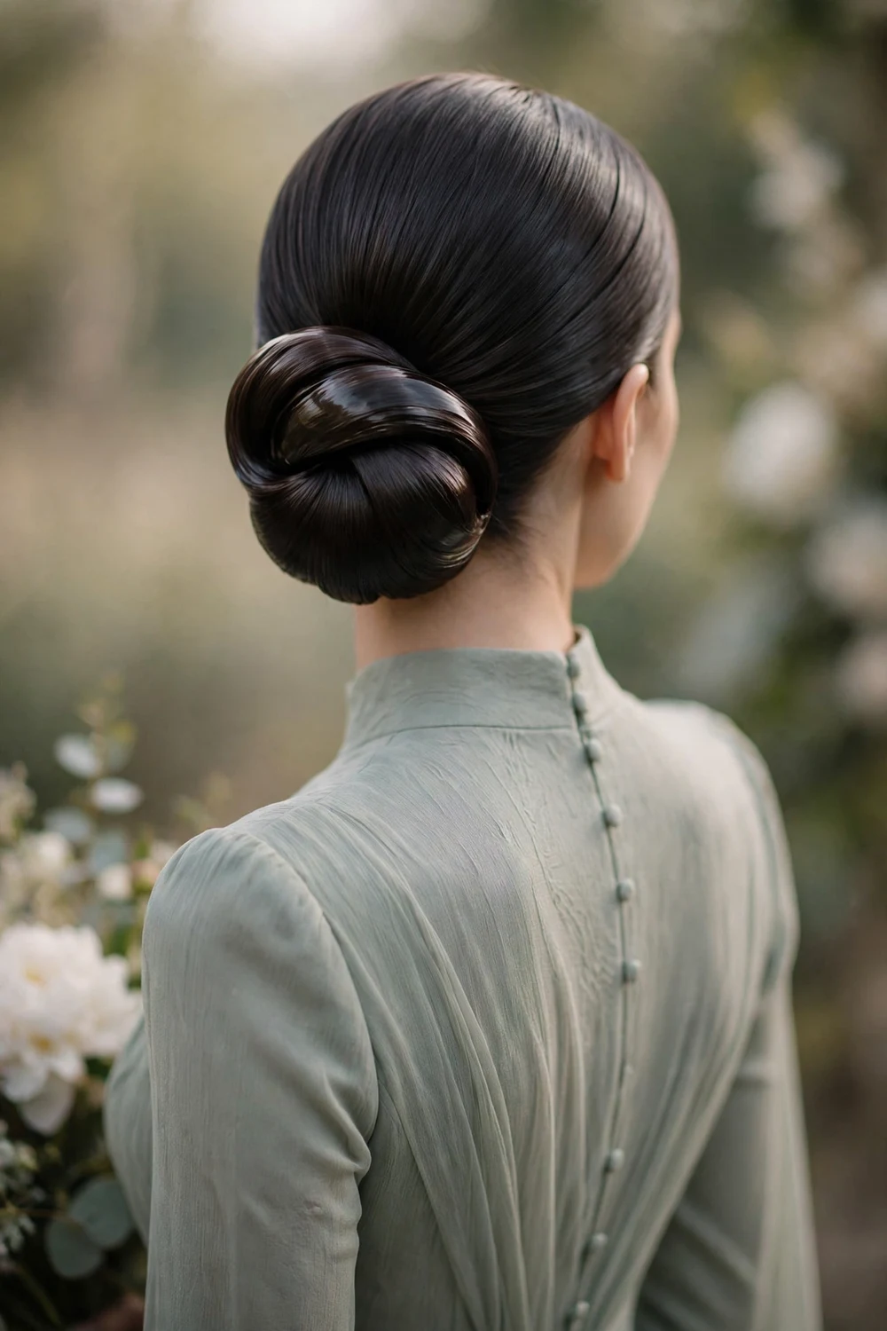 Bridesmaid with a timeless sleek chignon at the nape, back view, wedding hairstyle