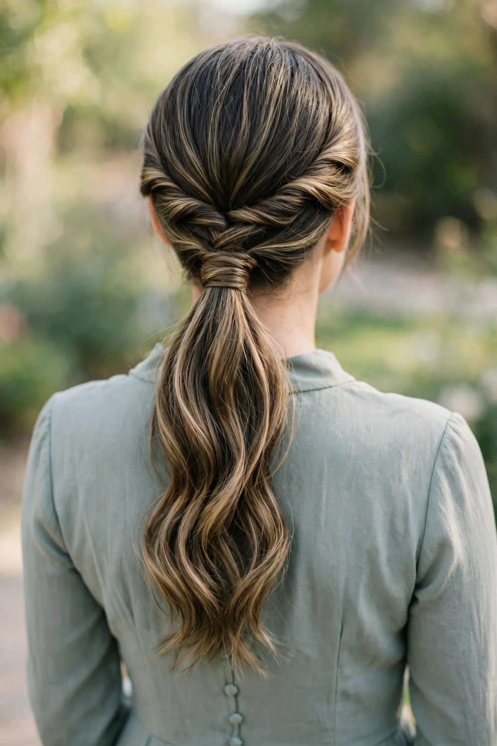 Bridesmaid with a low ponytail featuring twisted crown sections and soft waves, back view, wedding hairstyle