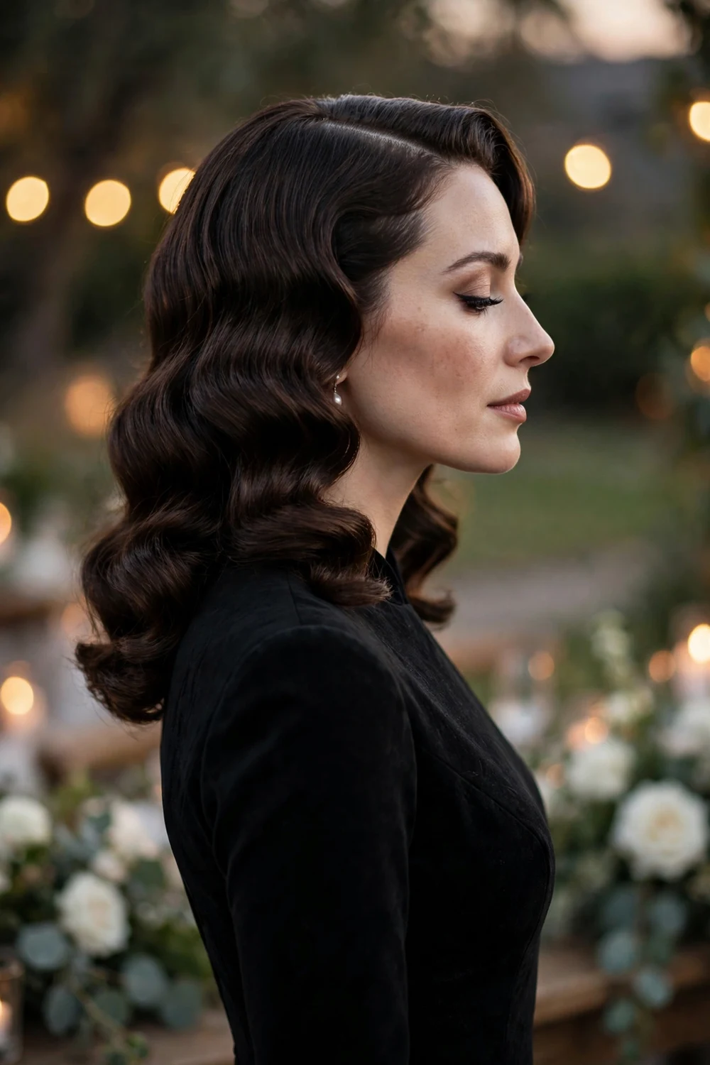 Bridesmaid with vintage Hollywood waves with a deep side part, side view, wedding hairstyle