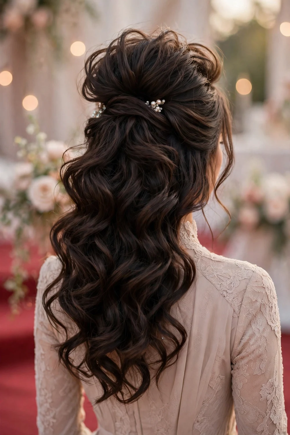 Bridesmaid with voluminous half-up waves with lift at the crown, back view, wedding hairstyle