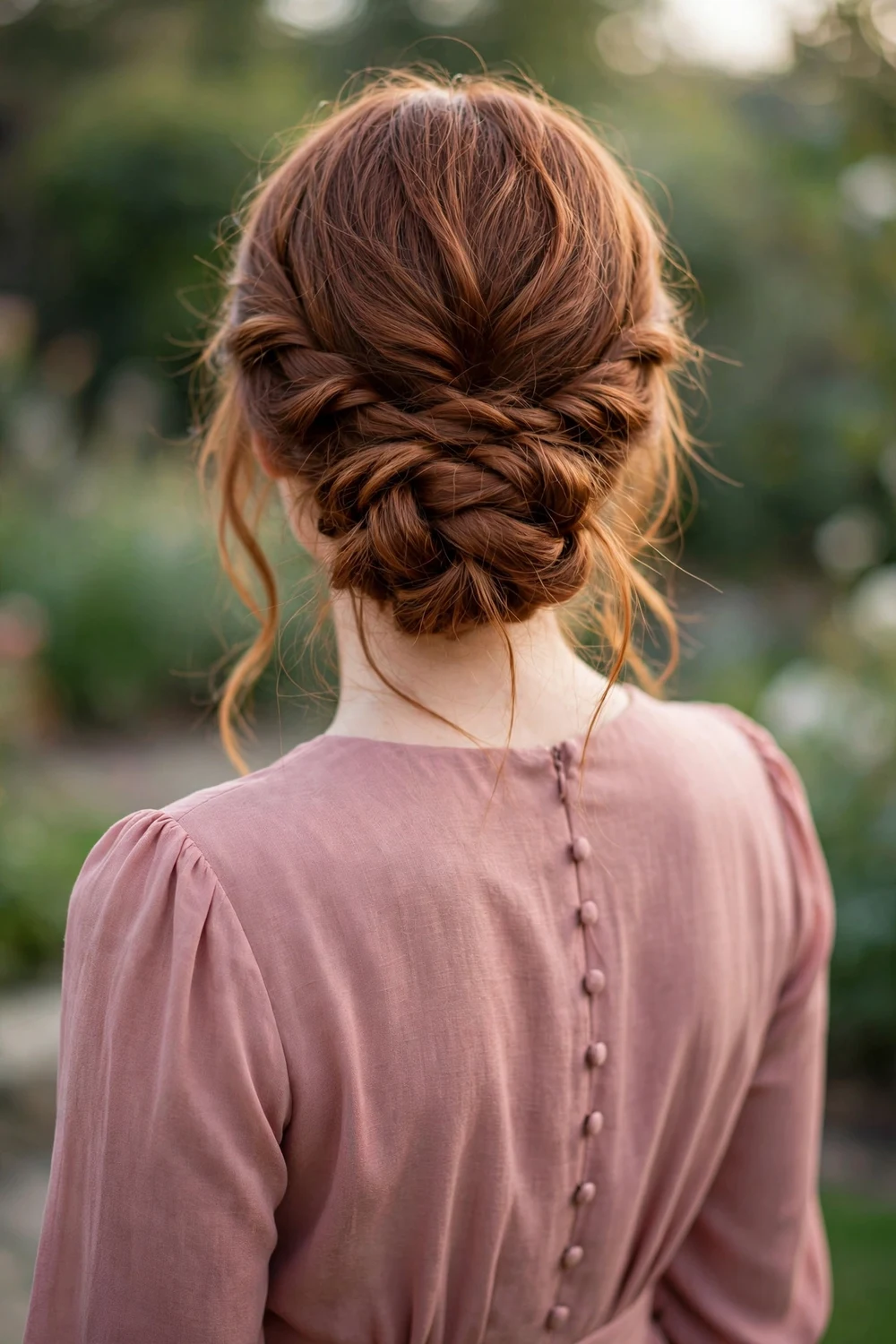 Bridesmaid with a low bun woven from soft braids, back view, wedding hairstyle