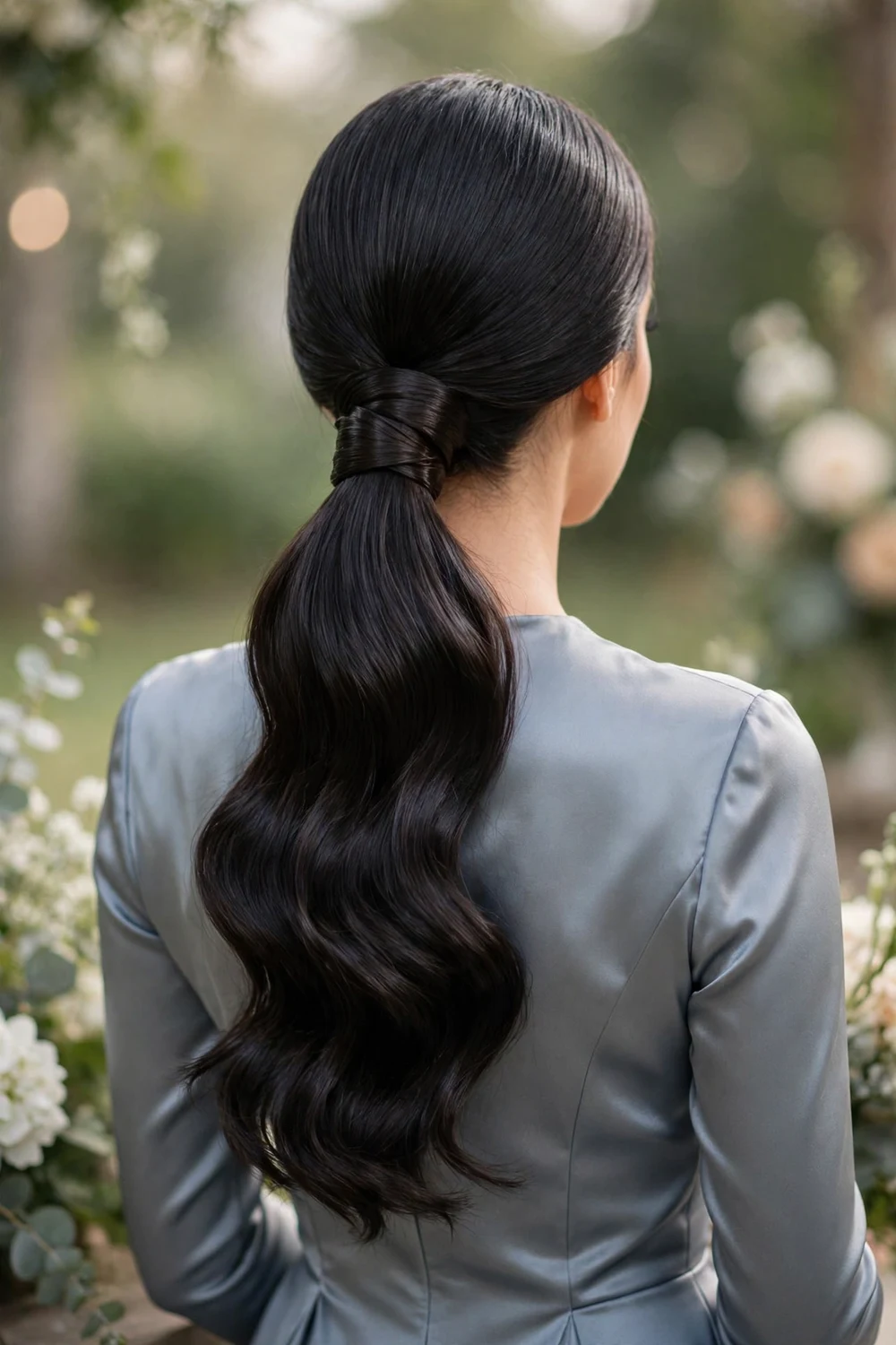 Bridesmaid with a low ponytail with wrapped base and sculpted waves, back view, wedding hairstyle