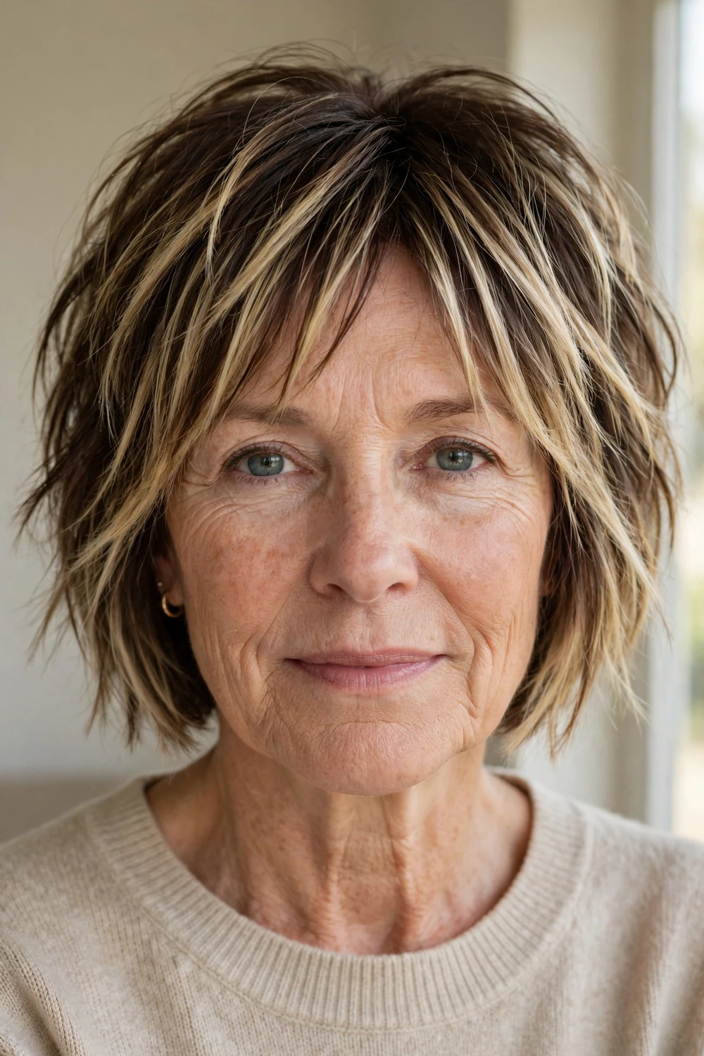 Choppy straight bob with bright blonde balayage highlights over brunette base
