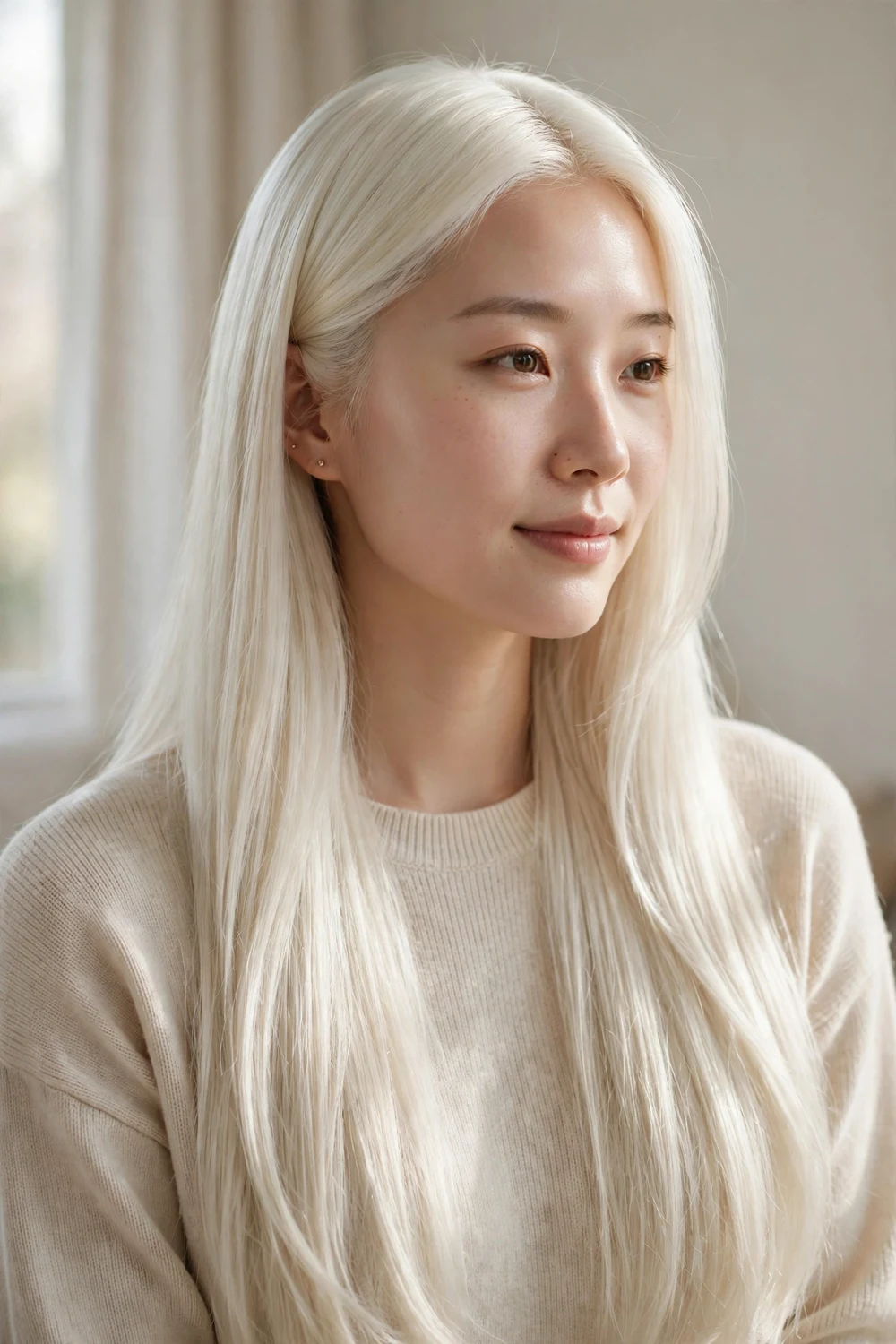 Woman with snow-white platinum blonde long straight hair in winter light