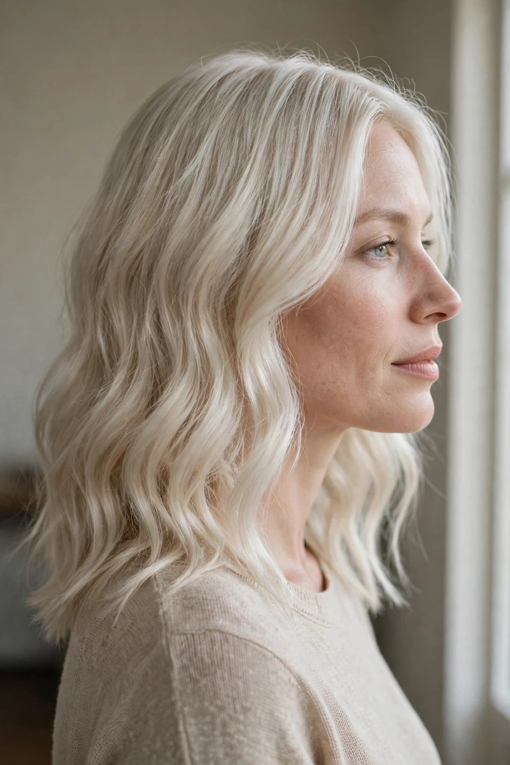 Woman with icy pale blonde wavy shoulder-length hair