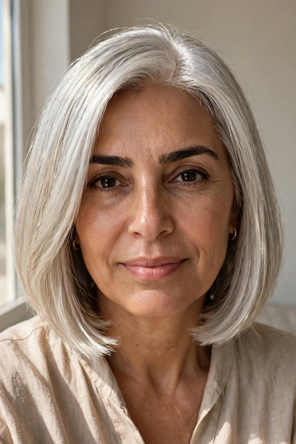 Woman with metallic silver blonde sleek bob haircut