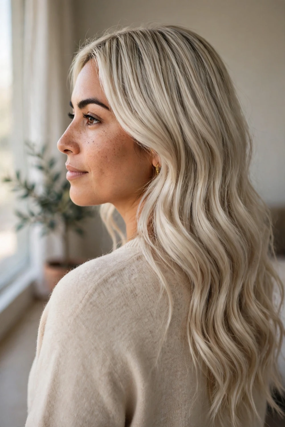 Woman with cool champagne blonde long wavy hair