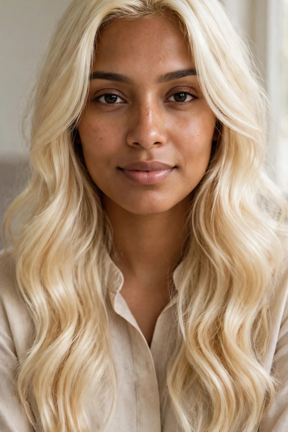 Woman with creamy bright baby blonde long wavy hair