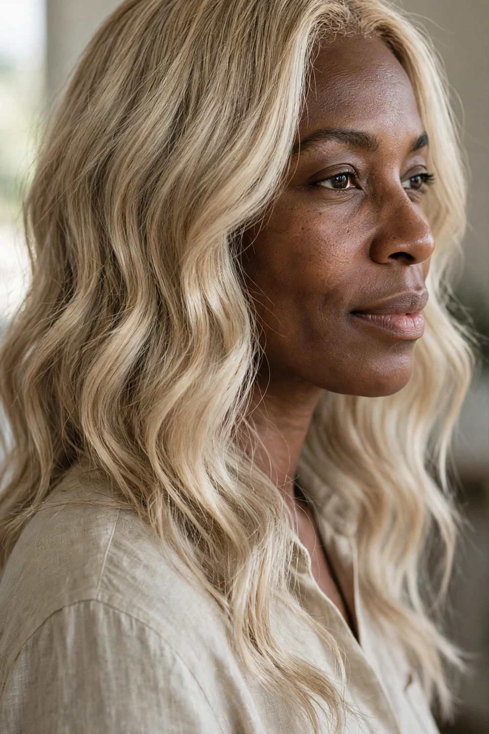 Woman with ashy cool blonde long wavy hair